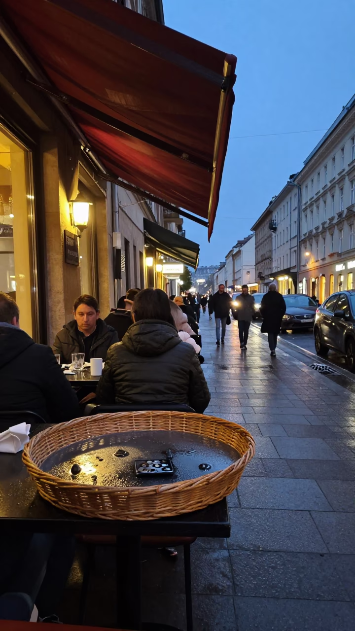 Budapest Dusk Street Scene with Condensation and Basket Tray in in Budapest, Hungary