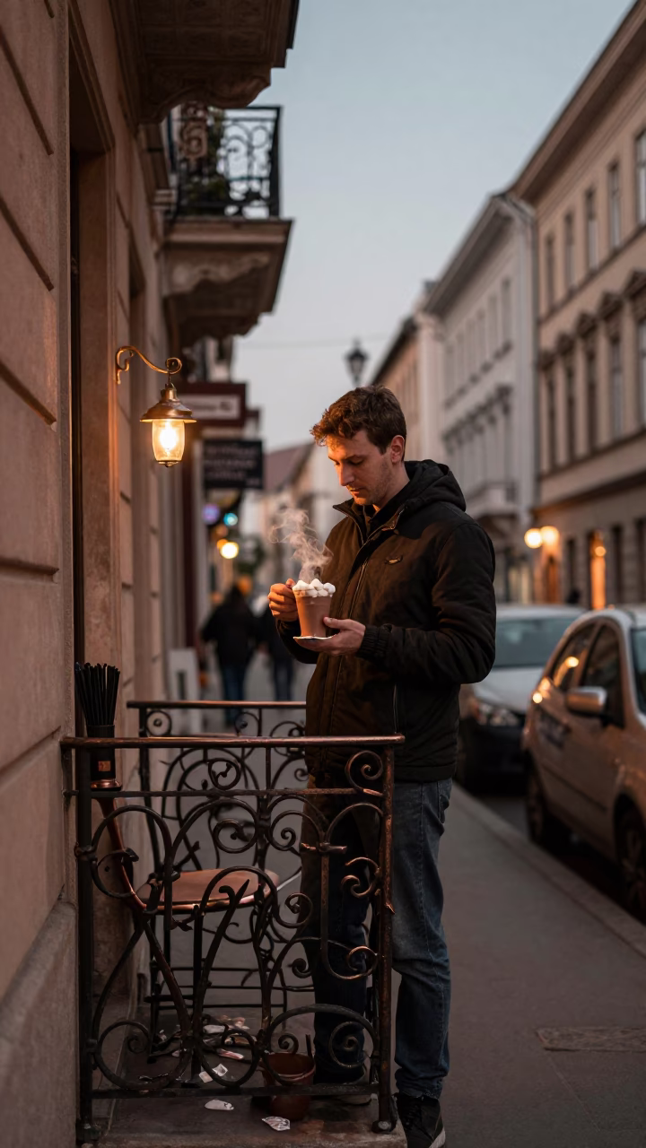 Budapest Dusk Street Scene with Hot Chocolate and Metal Bucket in in Budapest, Hungary