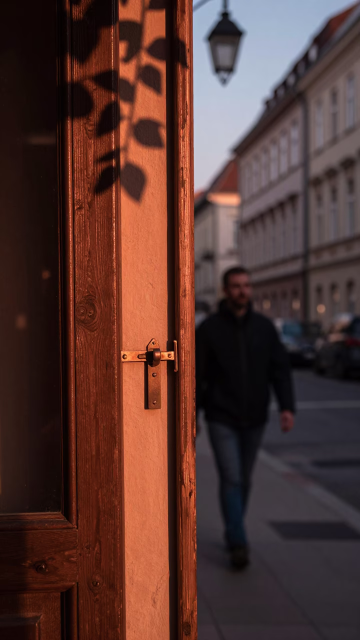 Budapest Dusk Street Scene with Leaf Shadows and Latch Details in in Budapest, Hungary