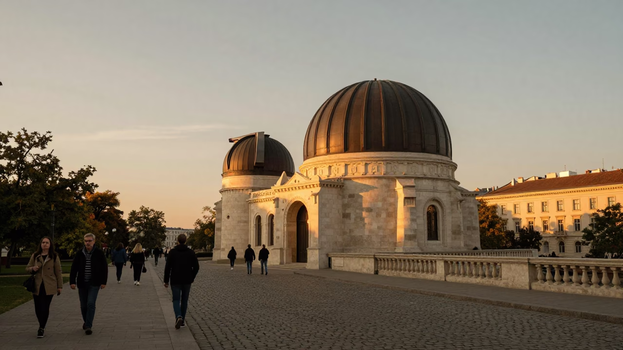 Budapest Dusk Street Scene with Telescope Dome and Vintage Urban Details in in Budapest, Hungary