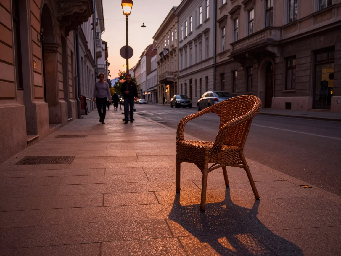 Budapest Dusk Street Scene with Wicker Shadow on Tile Grout in in Budapest, Hungary