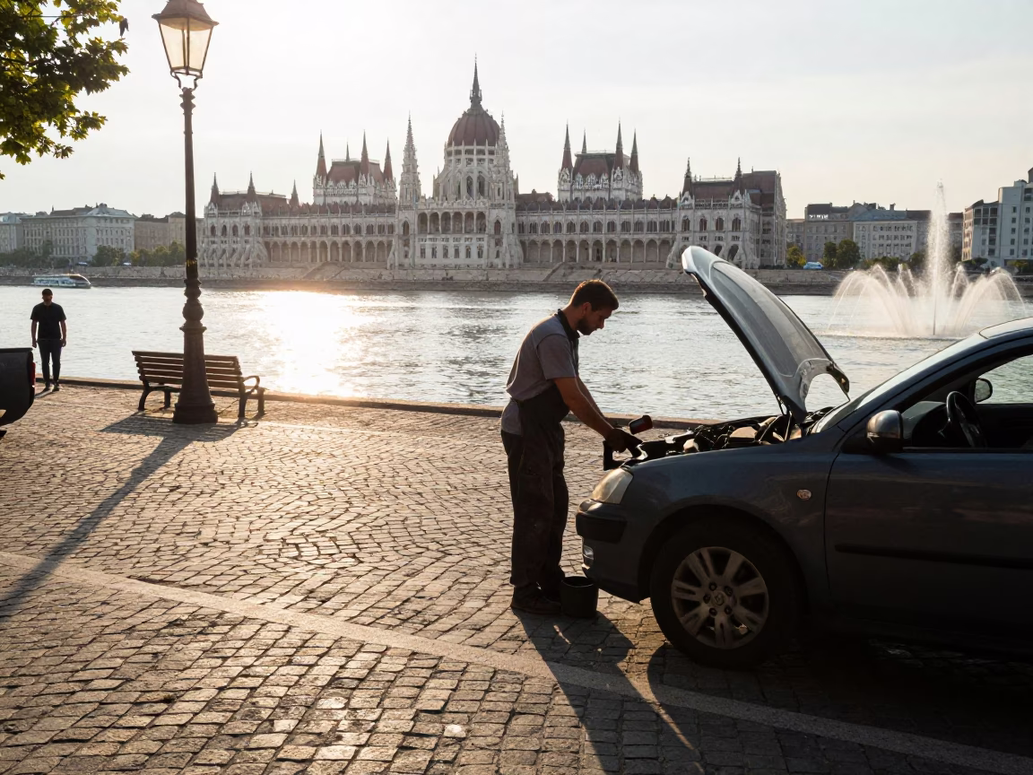 Budapest Early Afternoon Street Scene with Wrench and Fountain Spray in in Budapest, Hungary