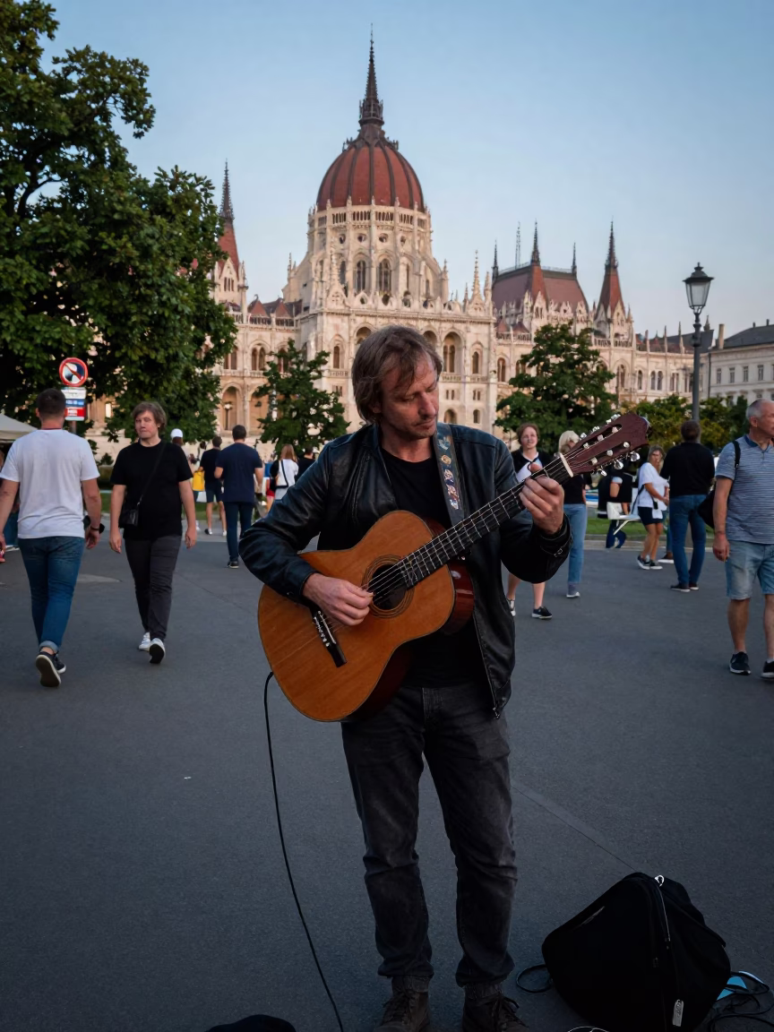 Budapest Early Evening Street Musician Playing Guitar Near Mossy Stone Wall in in Budapest, Hungary