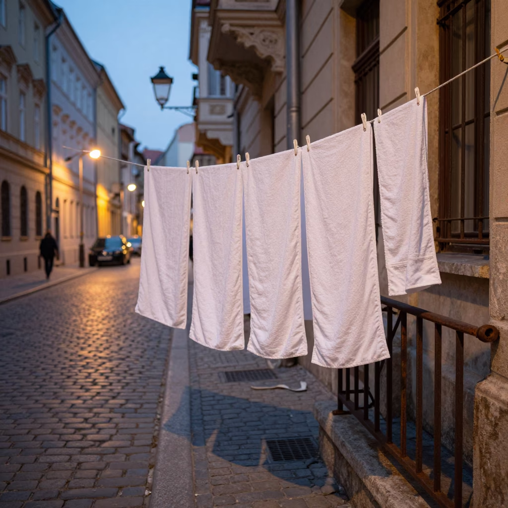 Budapest Early Evening Street Scene with Drying Towels and Vintage Car Details in in Budapest, Hungary