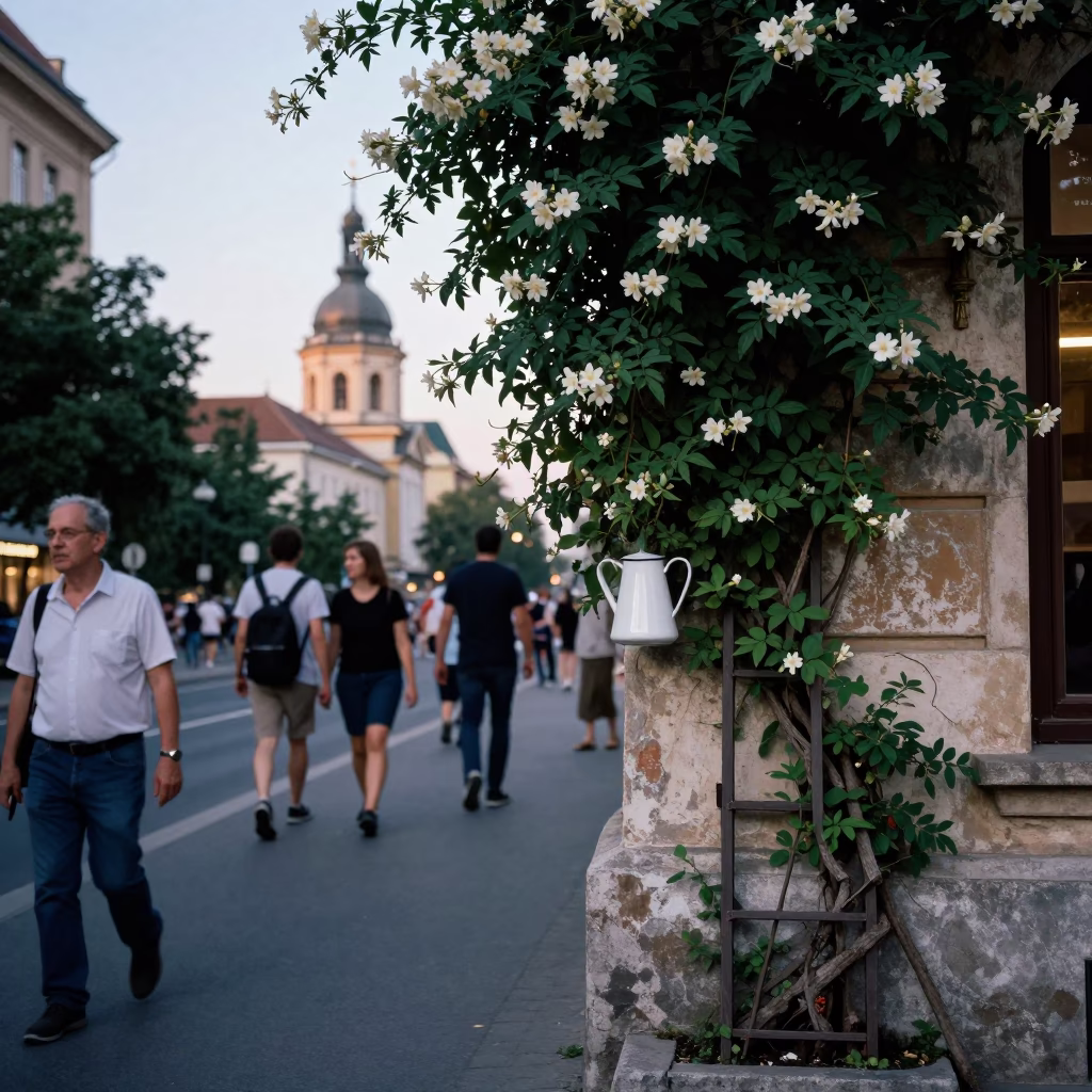 Budapest Early Evening Street Scene with Enamel Pitcher and Climbing Jasmine on Trellis in in Budapest, Hungary