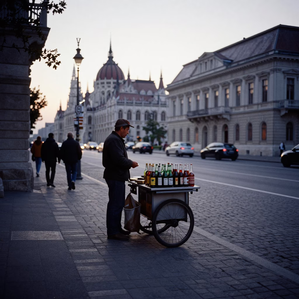 Budapest early evening street scene with glass bottles and urban details in in Budapest, Hungary