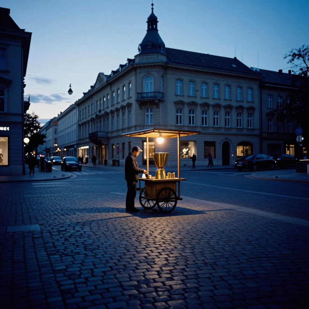 Budapest Evening Blue Hour Street Scene with Brass Cup and String of Pearls Plant in in Budapest, Hungary