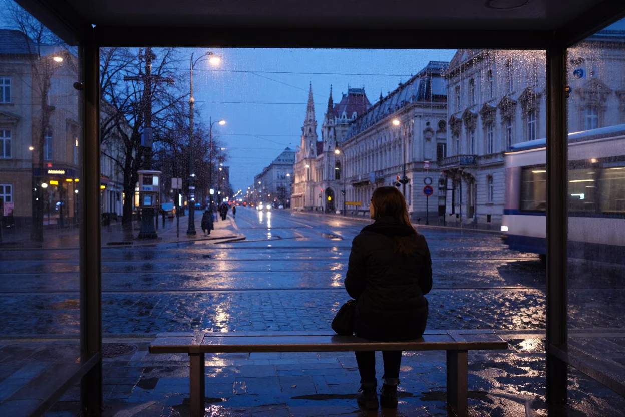 Budapest Evening Blue Hour Street Scene with Condensation on Window Frame in in Budapest, Hungary