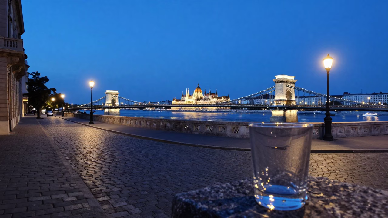 Budapest Evening Blue Hour Street Scene with Glass Tumbler and Brass Hinge Detail in in Budapest, Hungary