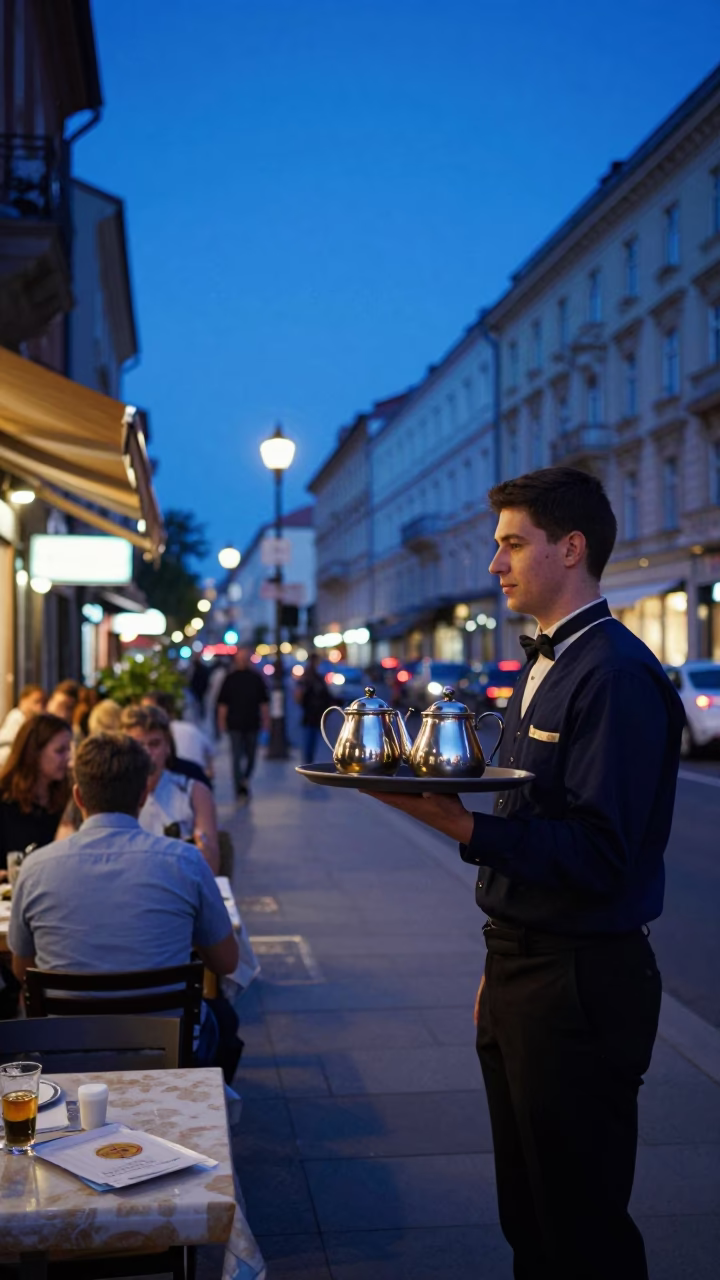 Budapest Evening Blue Hour Street Scene with Tea Kettles and Window Light in in Budapest, Hungary