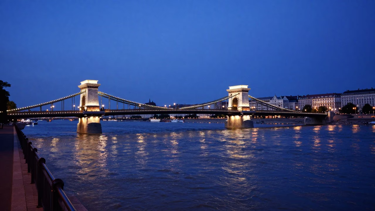 Budapest Evening Blue Light Street Scene with Bridge Pier and Construction Activity in in Budapest, Hungary