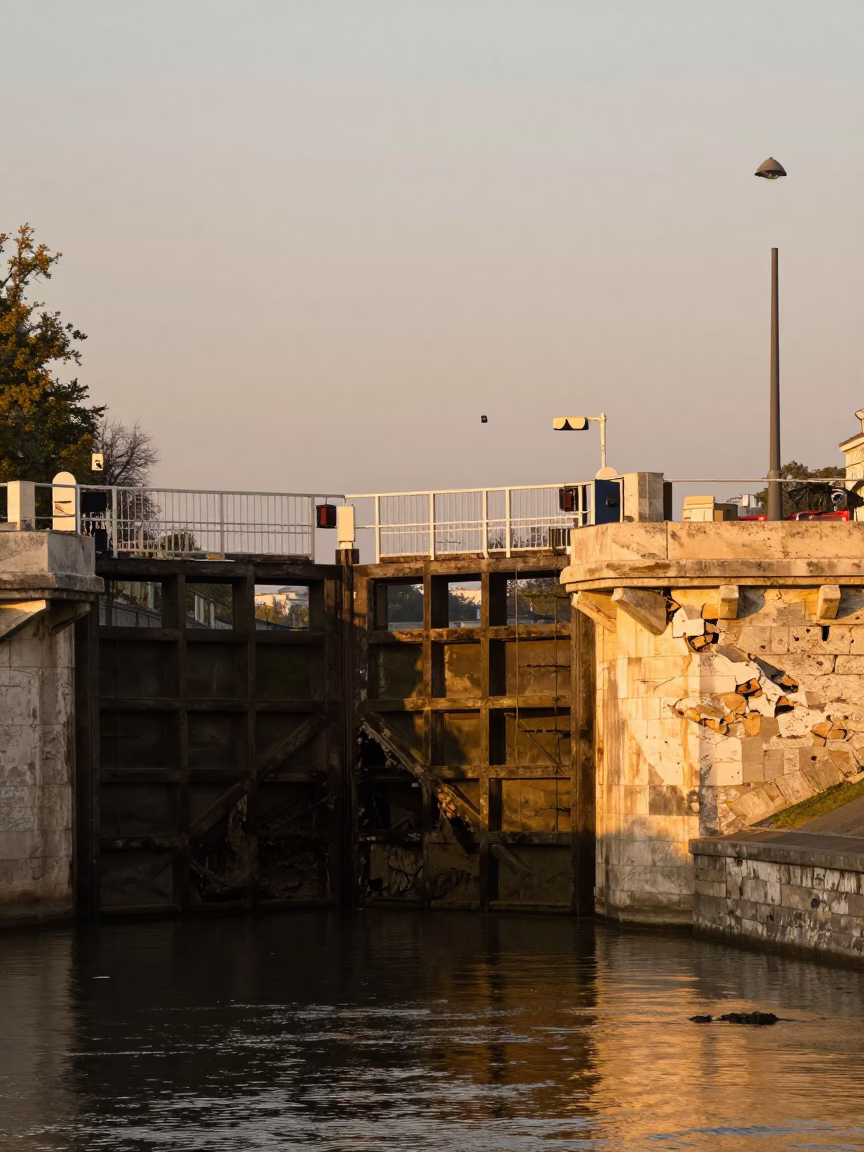 Budapest Evening Light Illuminating Crumbling Canal Lock and Rotten Timber Gates in in Budapest, Hungary