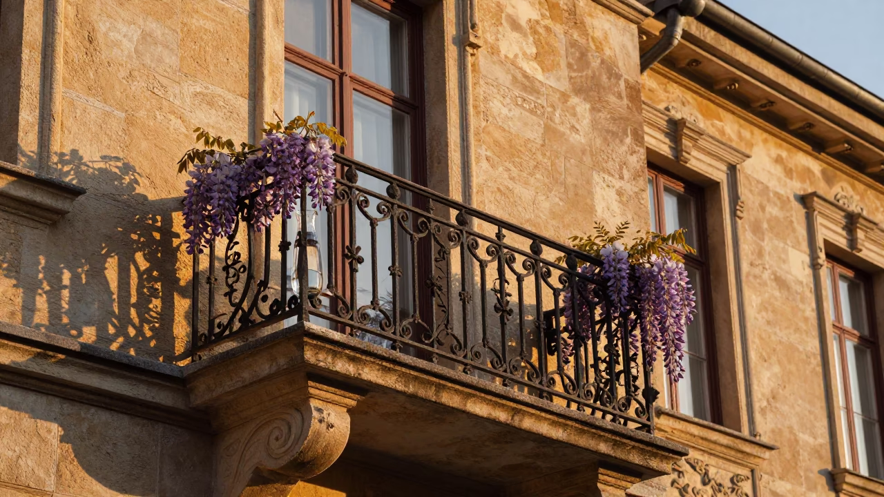 Budapest Evening Light on Historic Stone Balcony with Wisteria and Condensation in in Budapest, Hungary