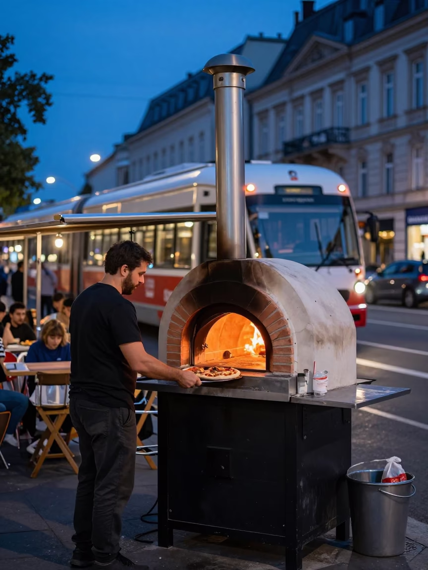 Budapest Evening Monorail and Brick Oven Pizza Scene in in Budapest, Hungary