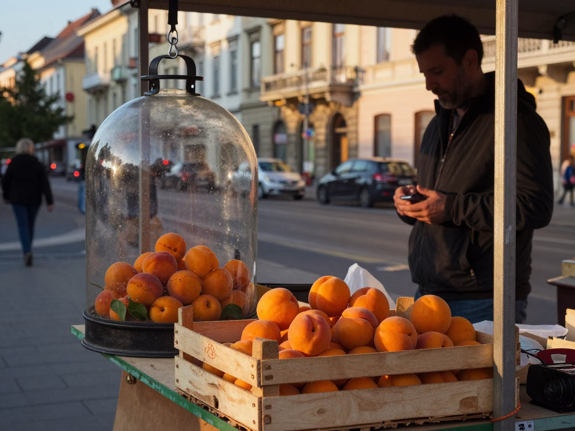Budapest Evening Street Scene with Apricots and Glass Terrarium Detail in in Budapest, Hungary