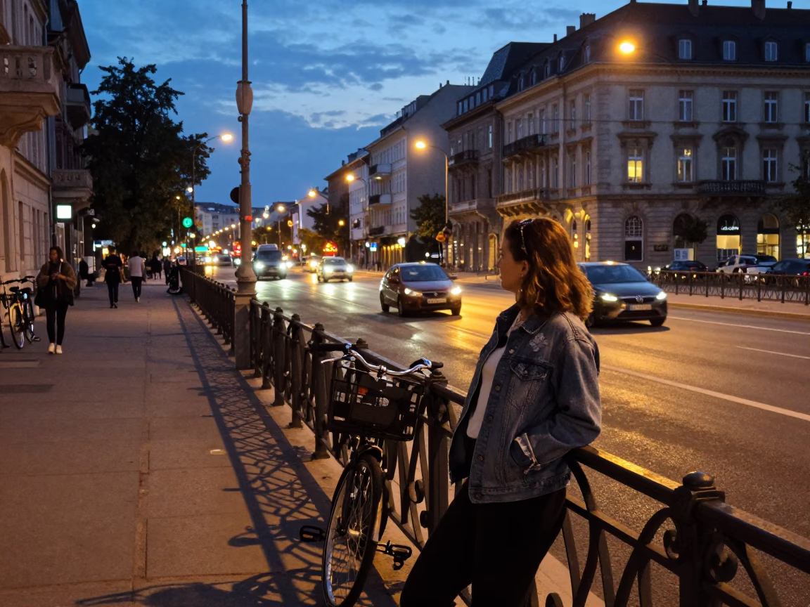 Budapest Evening Street Scene with Bicycle and City Lights in in Budapest, Hungary