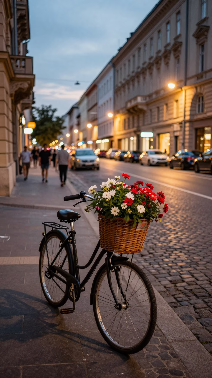 Budapest Evening Street Scene with Bicycle Basket and Flowering Plant at Dusk in in Budapest, Hungary