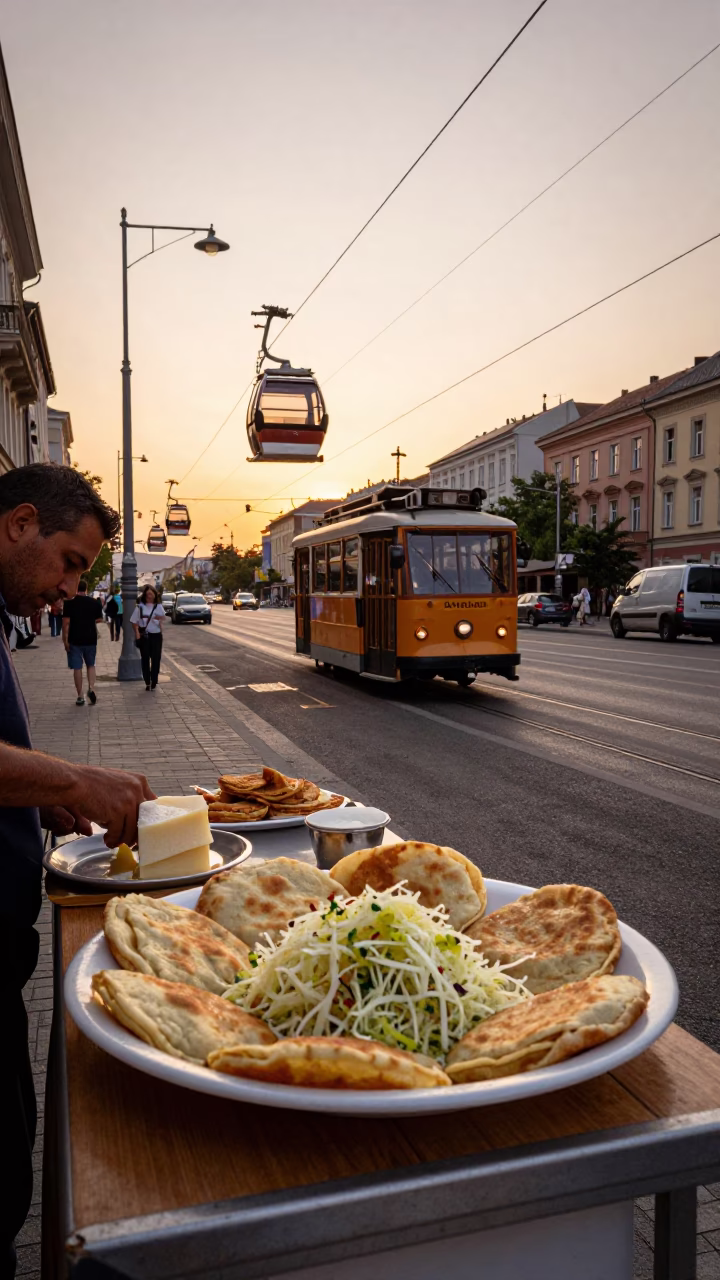 Budapest Evening Street Scene with Cable-Car Gondola and Plate of Food in in Budapest, Hungary