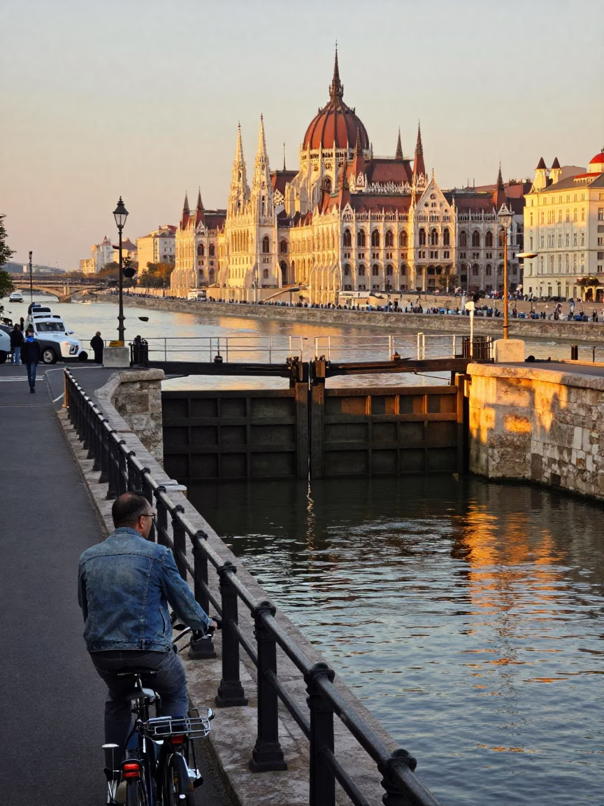 Budapest Evening Street Scene with Canal Lock Gate and Green Water in in Budapest, Hungary