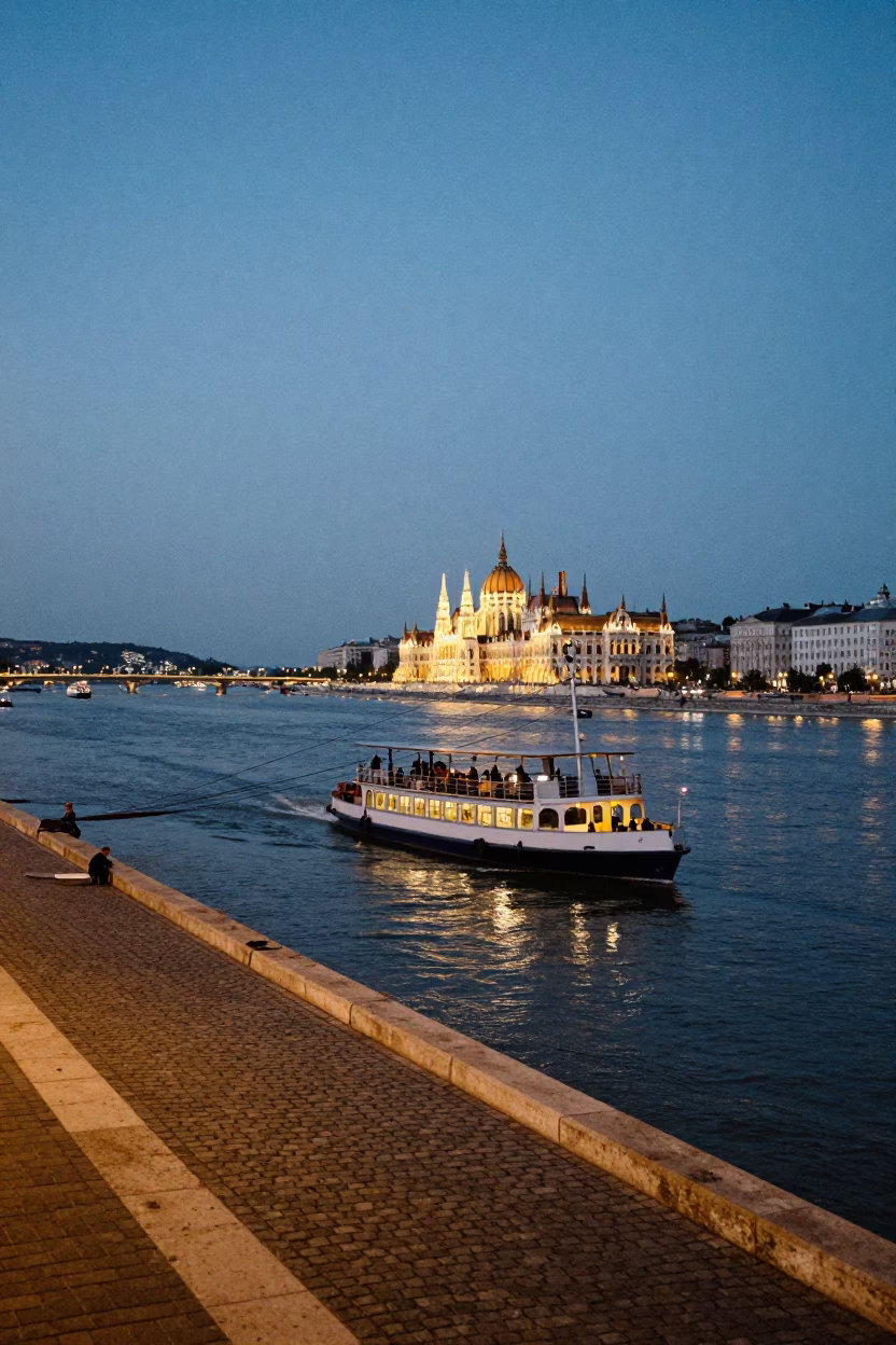 Budapest Evening Street Scene with Chain Ferry and Rolling Carts in in Budapest, Hungary