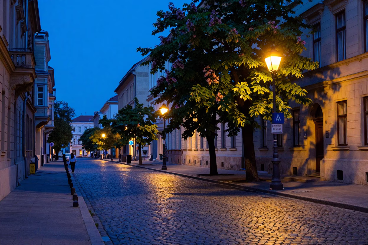 Budapest Evening Street Scene with Chestnut Tree and Urban Details in in Budapest, Hungary