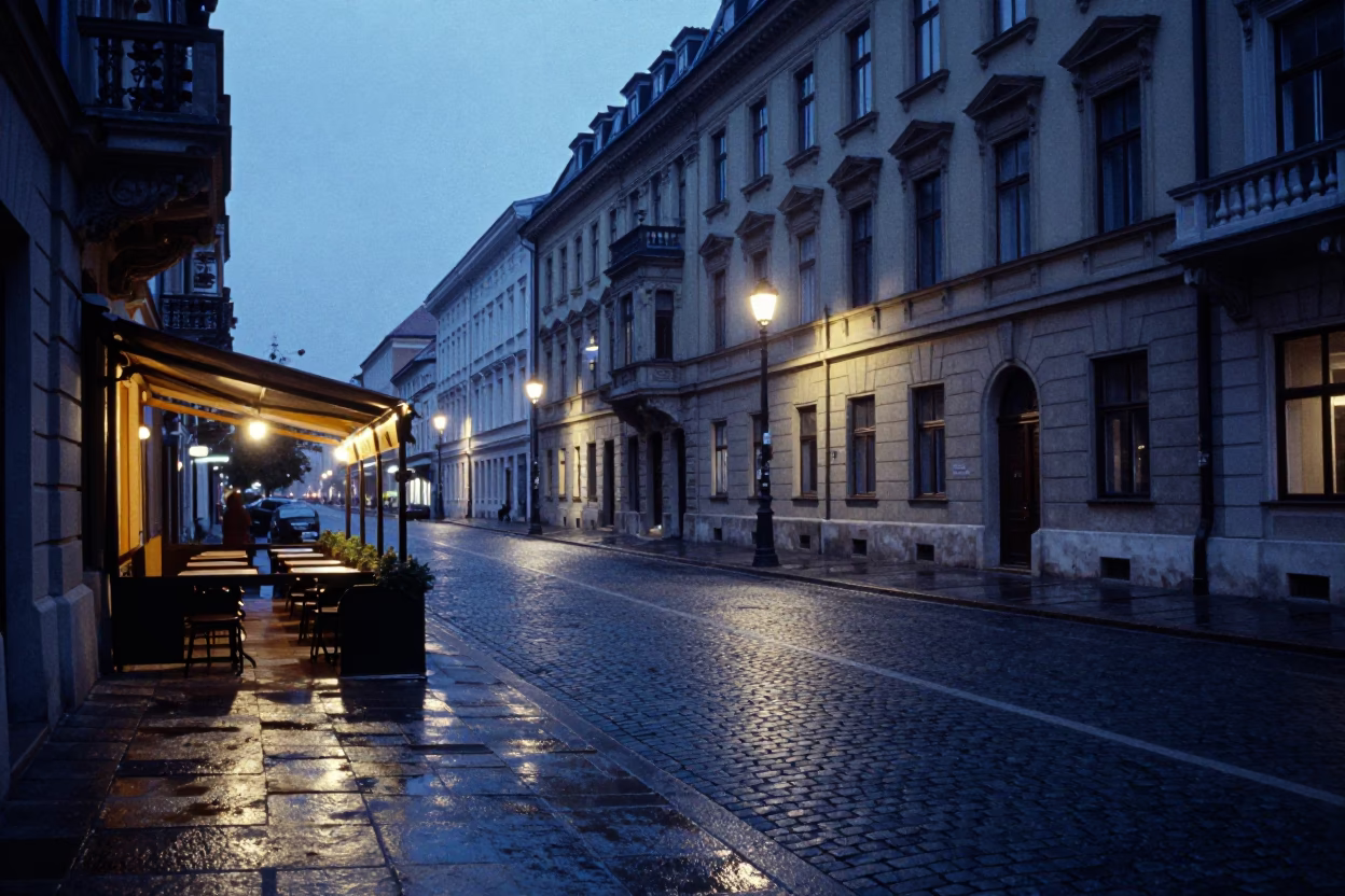 Budapest Evening Street Scene with Condensation and Urban Details in in Budapest, Hungary