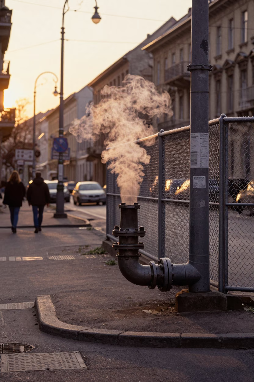 Budapest Evening Street Scene with District Heating Pipe and Local Life in in Budapest, Hungary