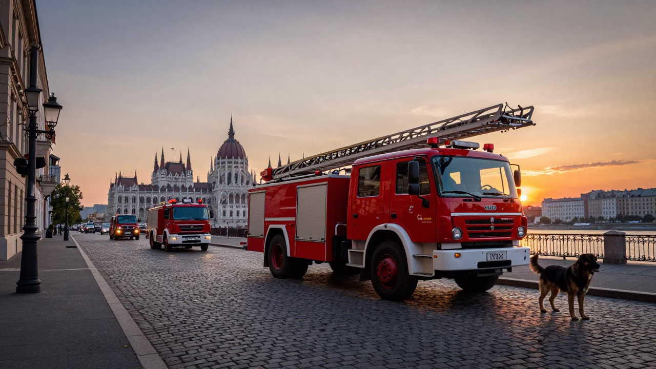 Budapest Evening Street Scene with Fire Engine and Briard Dog Near Danube in in Budapest, Hungary