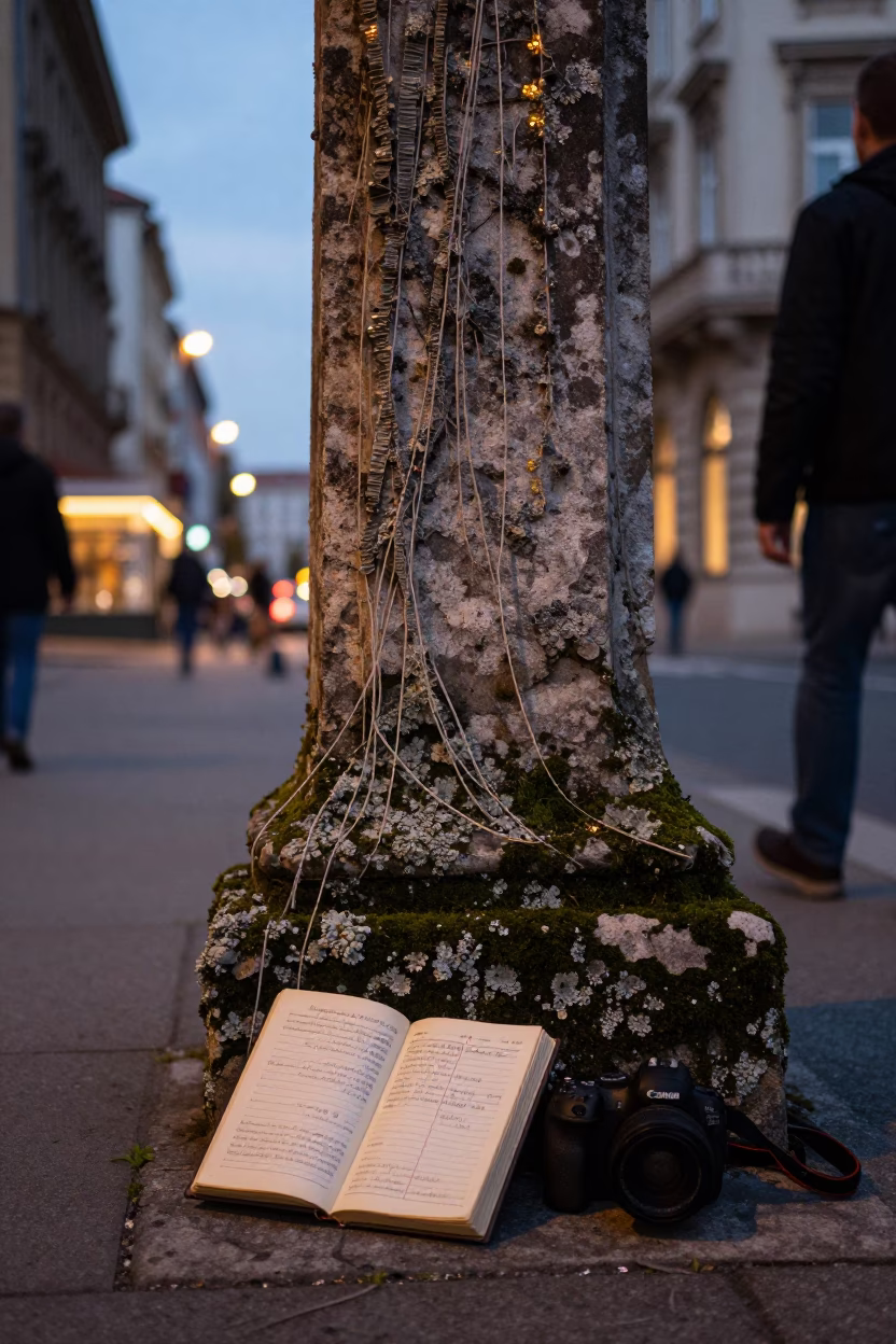 Budapest Evening Street Scene with Lichen and Vintage Ledger Under City Lights in in Budapest, Hungary