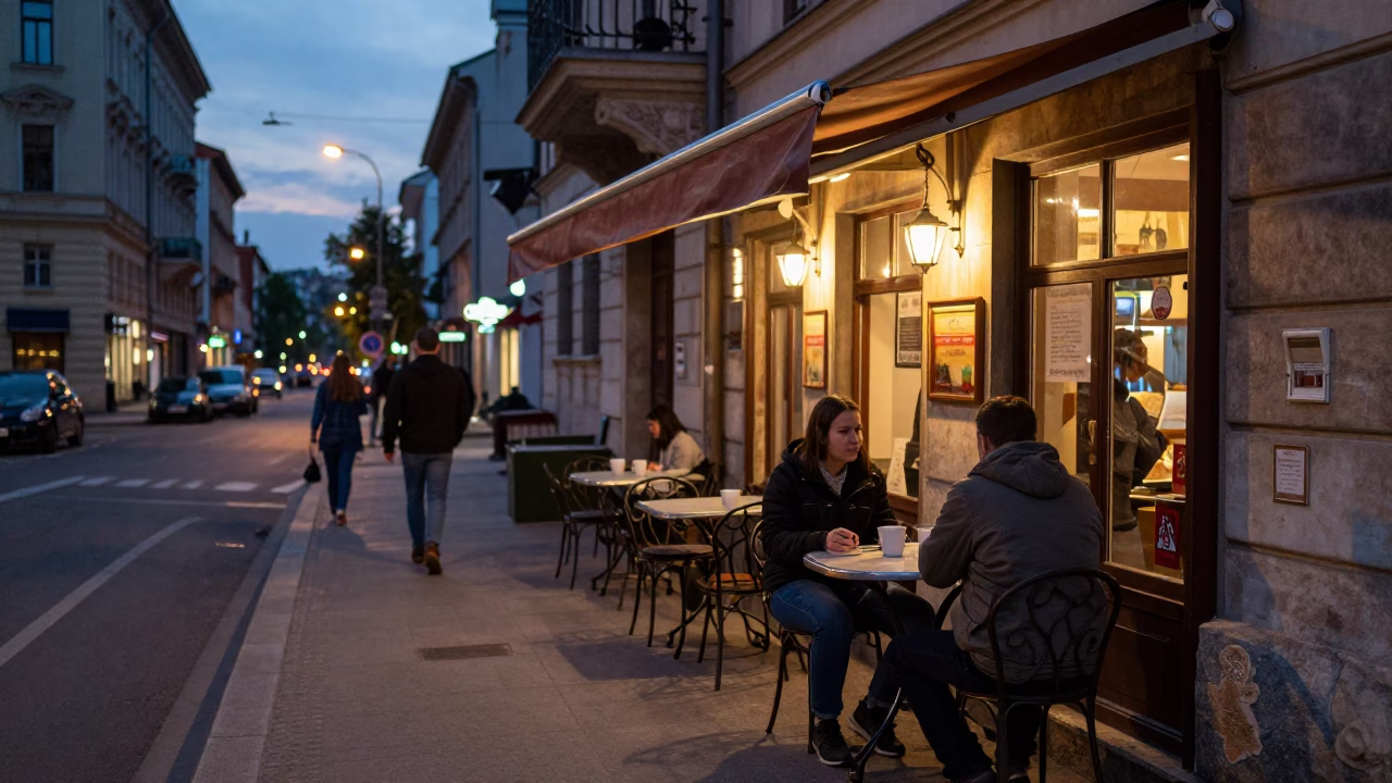 Budapest Evening Street Scene with Local Diner and City Lights in in Budapest, Hungary