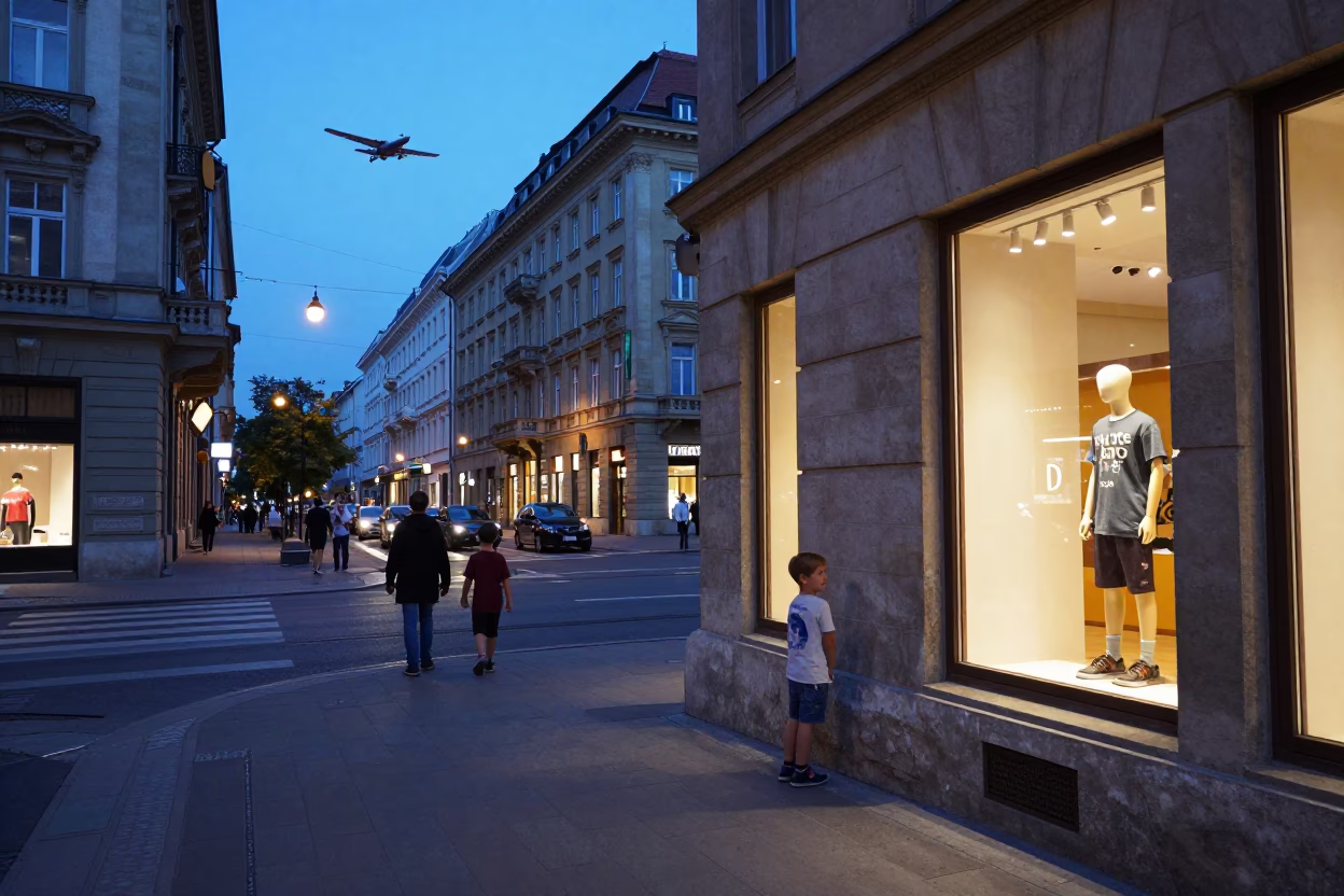 Budapest Evening Street Scene with Model Airplane and Window Light Reflection in in Budapest, Hungary