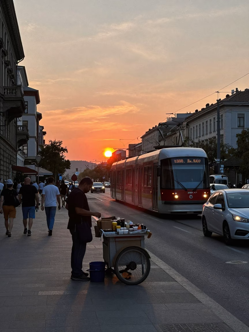 Budapest Evening Street Scene with Monorail and Local Vendor in in Budapest, Hungary