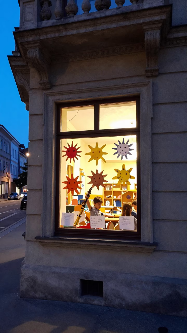 Budapest Evening Street Scene with Preschool Window and Recorder Player in in Budapest, Hungary