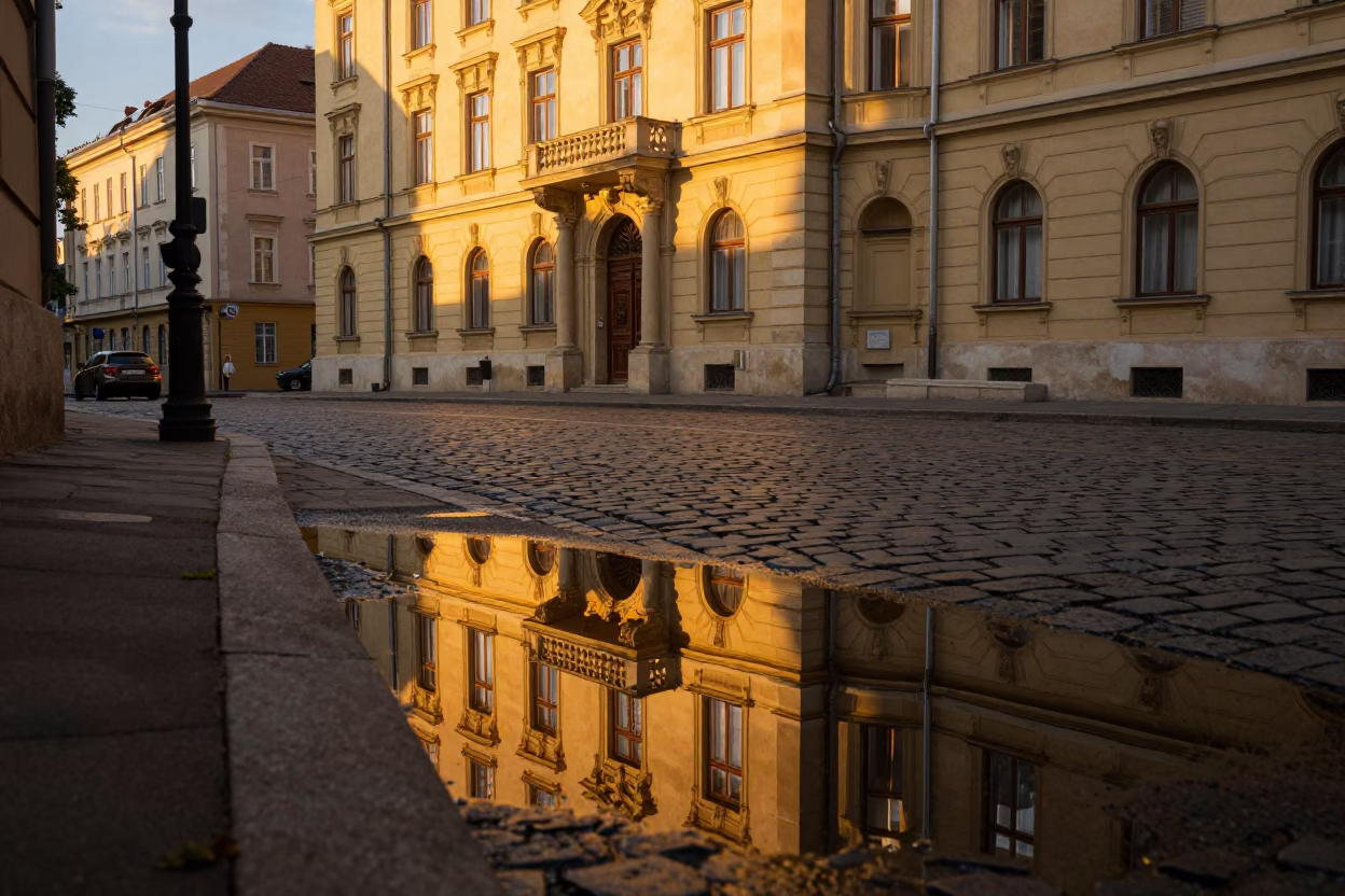 Budapest Evening Street Scene with Puddle Reflections of Hotel Windows and Tail Lights in in Budapest, Hungary