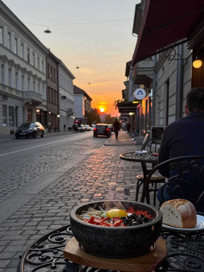 Budapest Evening Street Scene with Stone Bowl and Bread Basket in in Budapest, Hungary