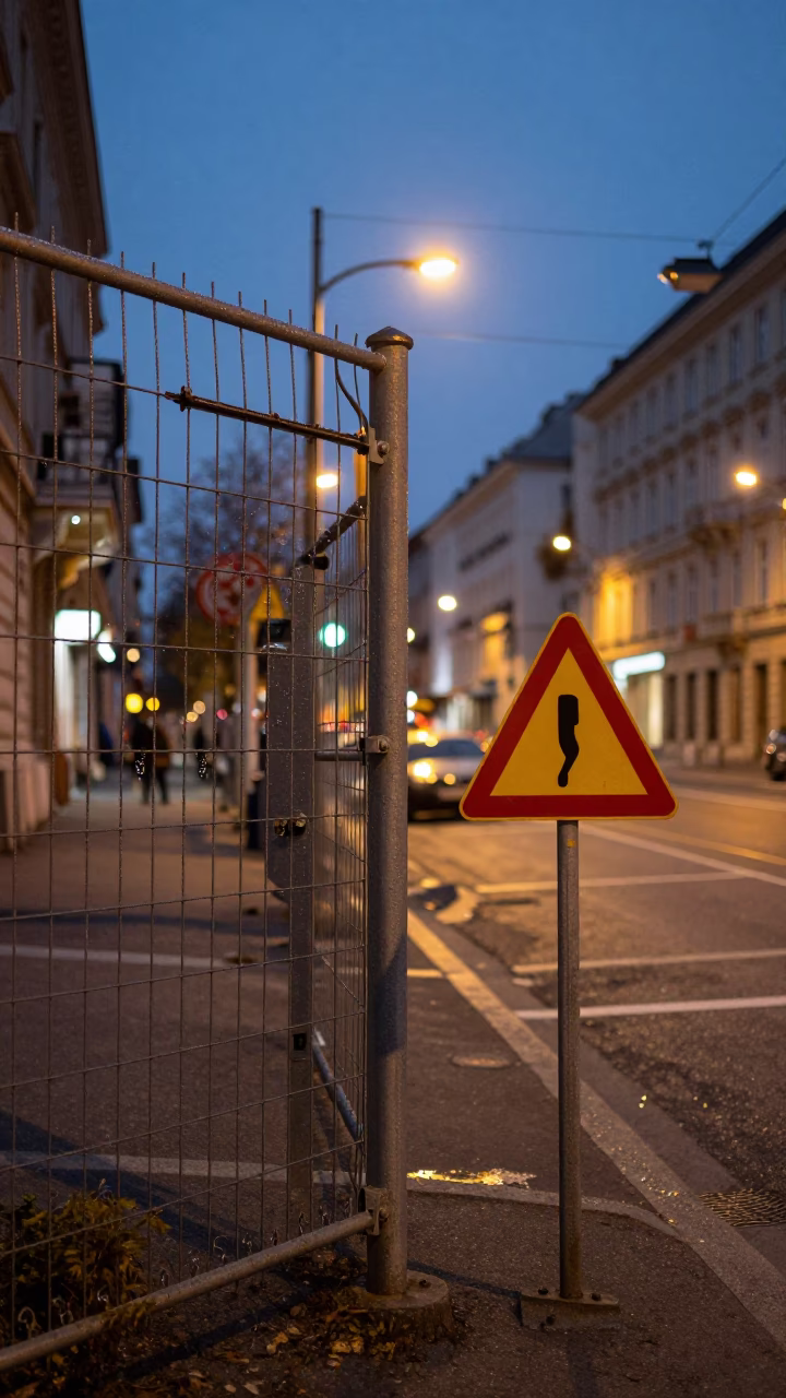 Budapest Evening Street Scene with Substation Fence and Warning Placards at Dusk in in Budapest, Hungary