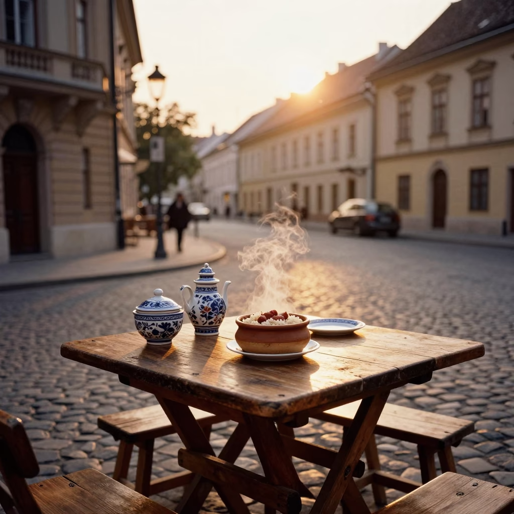 Budapest Evening Street Scene with Traditional Hungarian Porcelain and Clay Pot on Wooden Table in in Budapest, Hungary