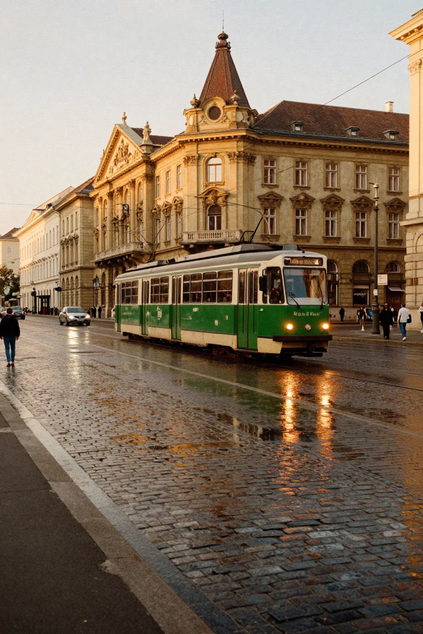 Budapest evening street scene with tram reflection and historic architecture in honeyed light in in Budapest, Hungary