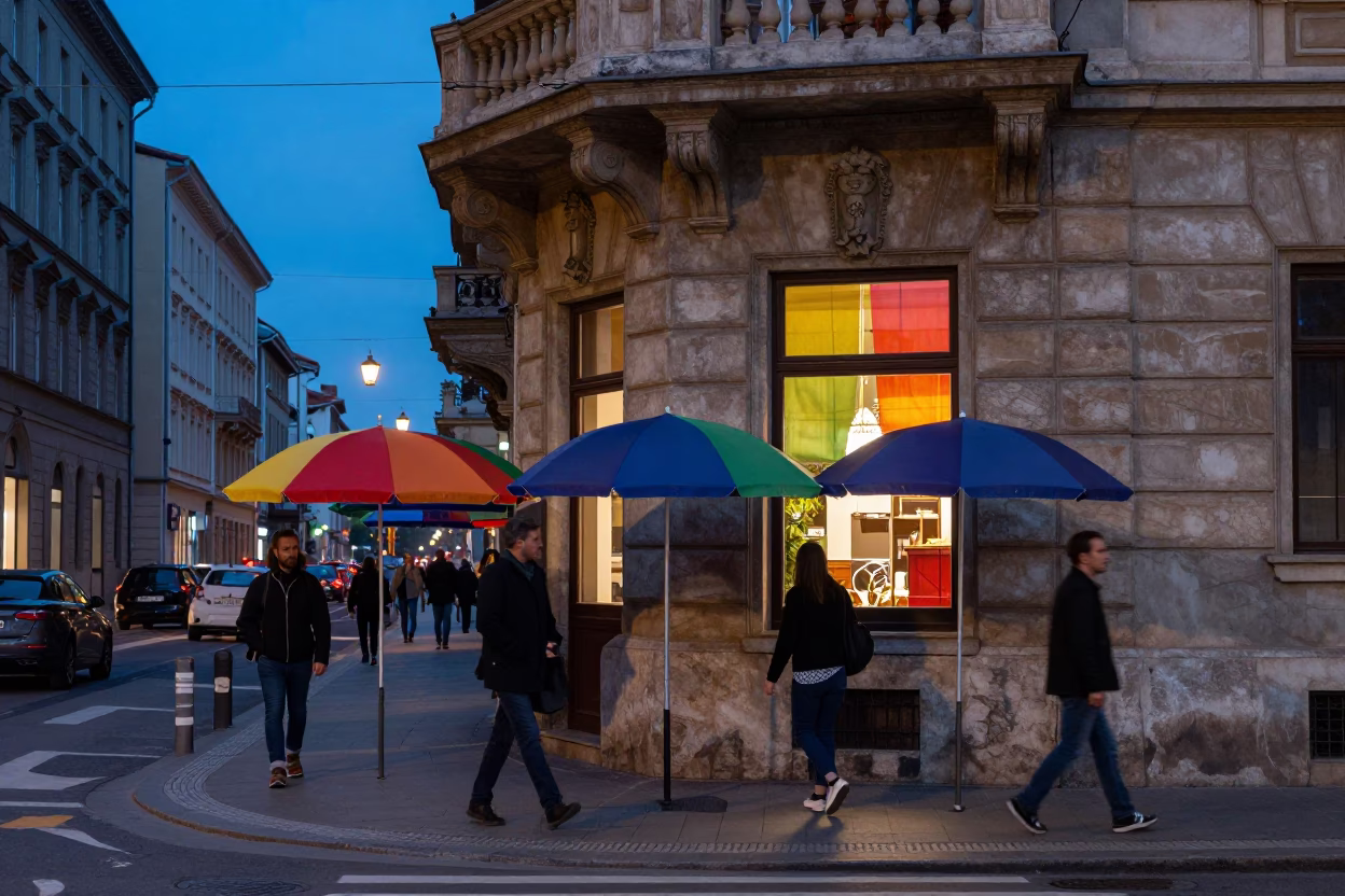 Budapest Evening Street Scene with Umbrellas and Colorful Window Details in in Budapest, Hungary