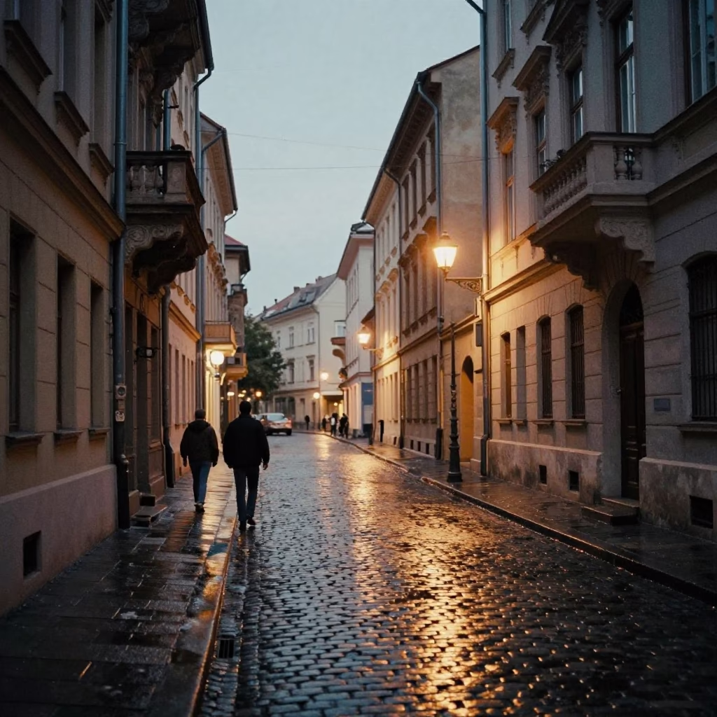 Budapest Evening Street Scene with Vintage 1970s Aesthetic and Local Details in in Budapest, Hungary