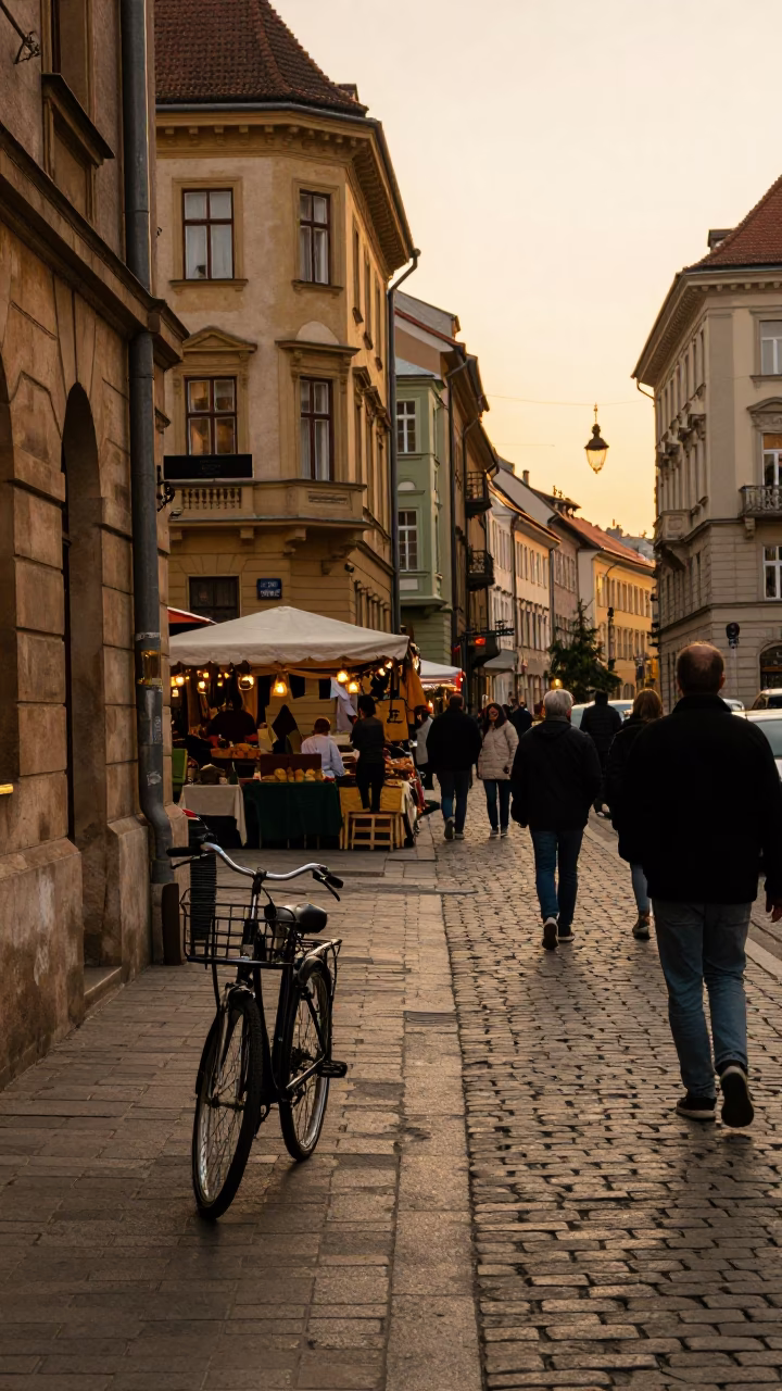 Budapest Evening Street Scene with Vintage Bicycle and Market Stall in Honeyed Light in in Budapest, Hungary
