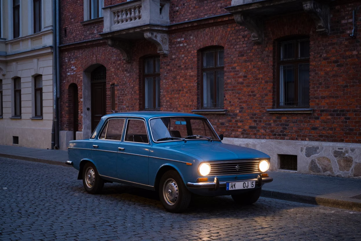 Budapest Evening Street Scene with Vintage Car and Brick Architecture in in Budapest, Hungary