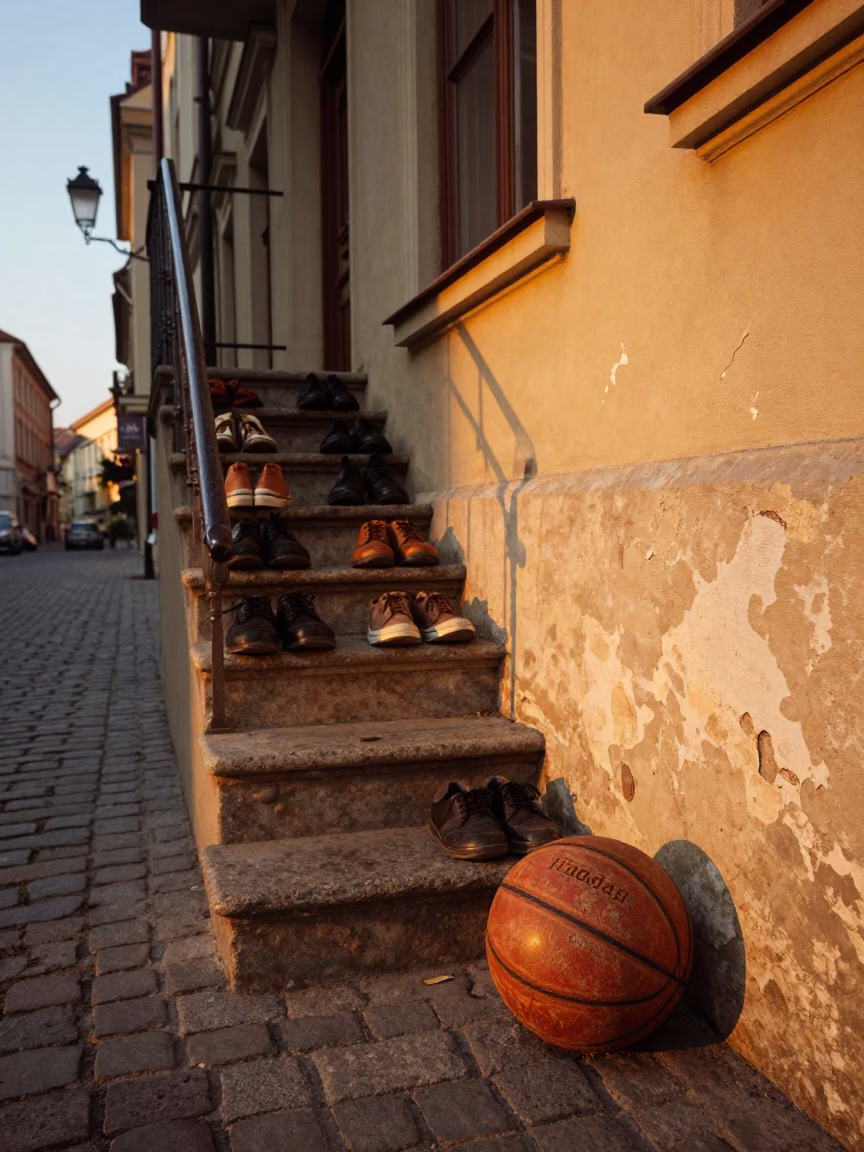 Budapest Evening Street Scene with Vintage Leather Basketball and School Staircase Details in in Budapest, Hungary