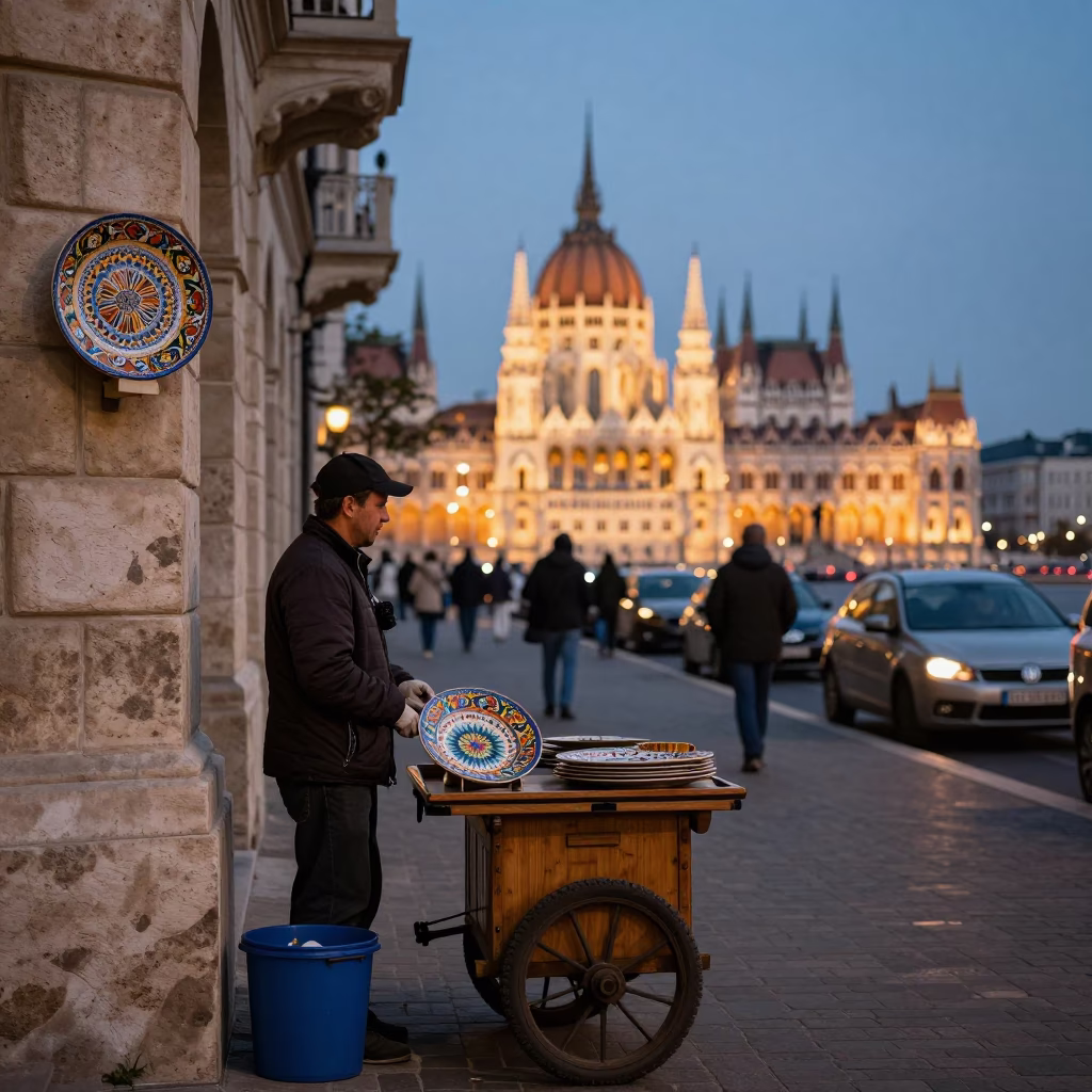 Budapest Evening Street Scene with Vintage Majolica Plate and Enamel Pitcher in in Budapest, Hungary