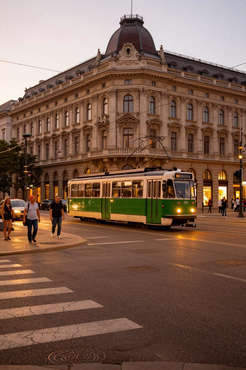 Budapest evening street scene with vintage tram and locals in honeyed light in in Budapest, Hungary