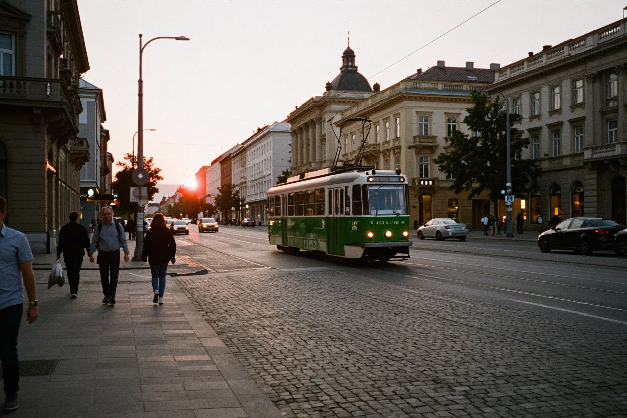 Budapest Evening Street Scene with Vintage Tram and Urban Infrastructure in in Budapest, Hungary