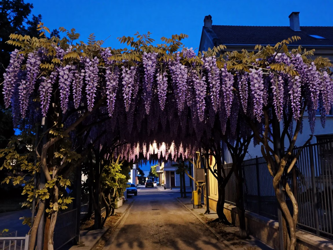 Budapest Evening Street Scene with Wisteria Tunnel and Clay Teapot in in Budapest, Hungary