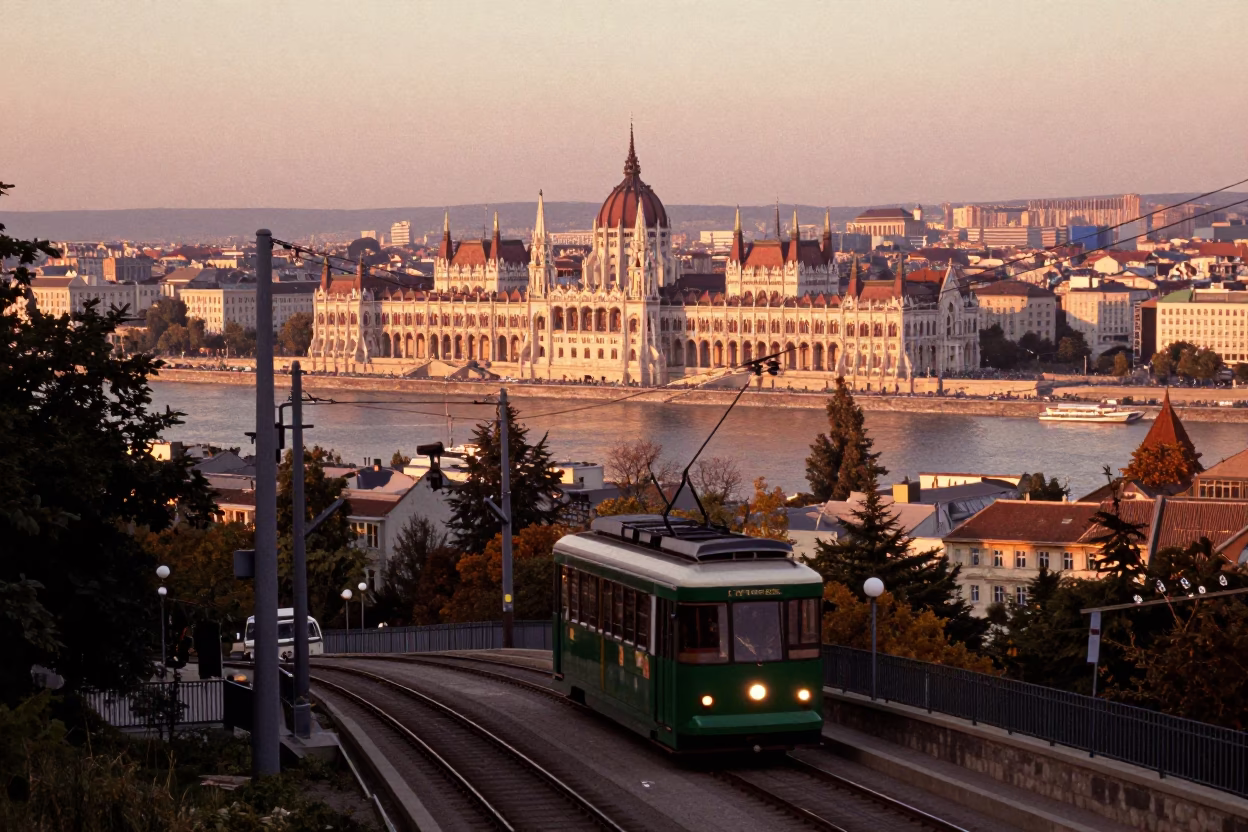 Budapest Funicular Approach at Copper-toned Light Before Dusk in in Budapest, Hungary