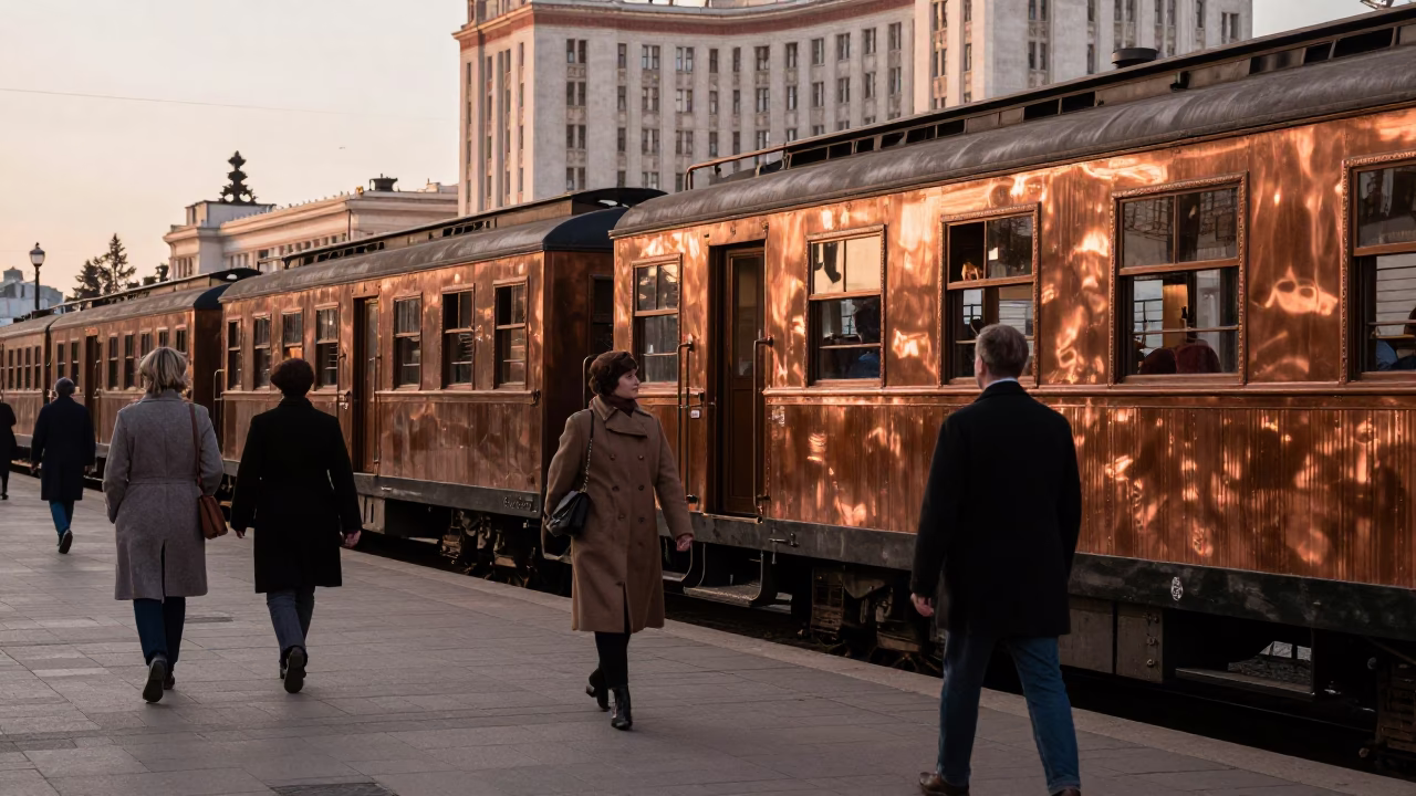 Budapest Hungary Before Dusk Narrow Gauge Train Carriages And University Tower In Copper Light in in Budapest, Hungary