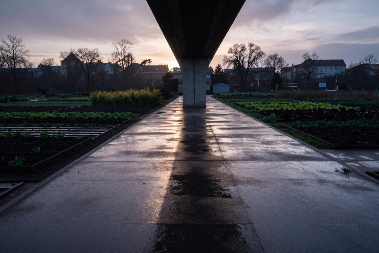 Budapest Hungary Dawn Viaduct Shadow Over Rain Soaked Allotment Gardens in in Budapest, Hungary